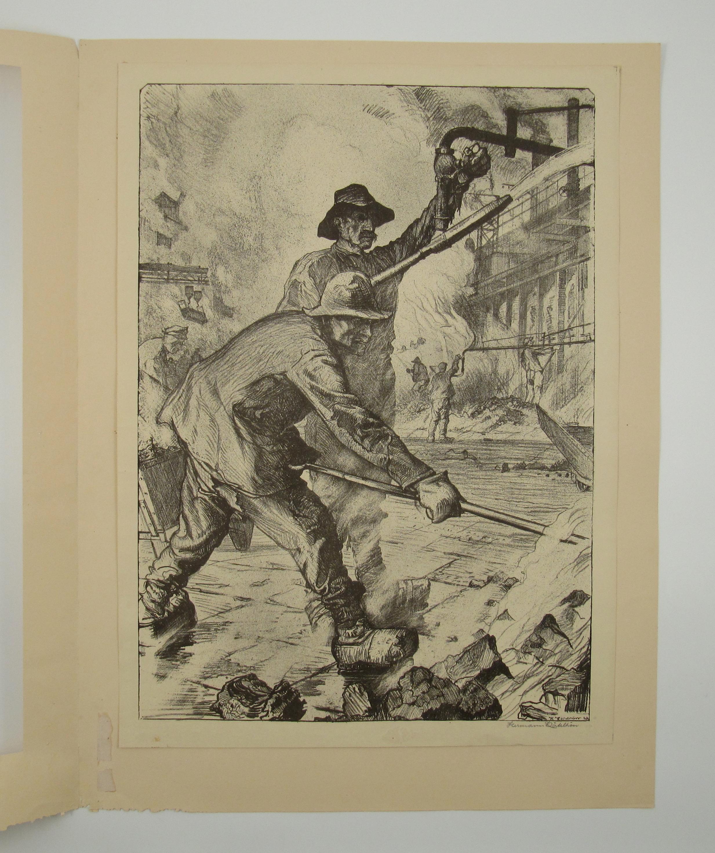 Workers - INDUSTRIAL ART - École allemande d'avant-guerre - Lithographie signée - Marron Figurative Print par Hermann Katelhön