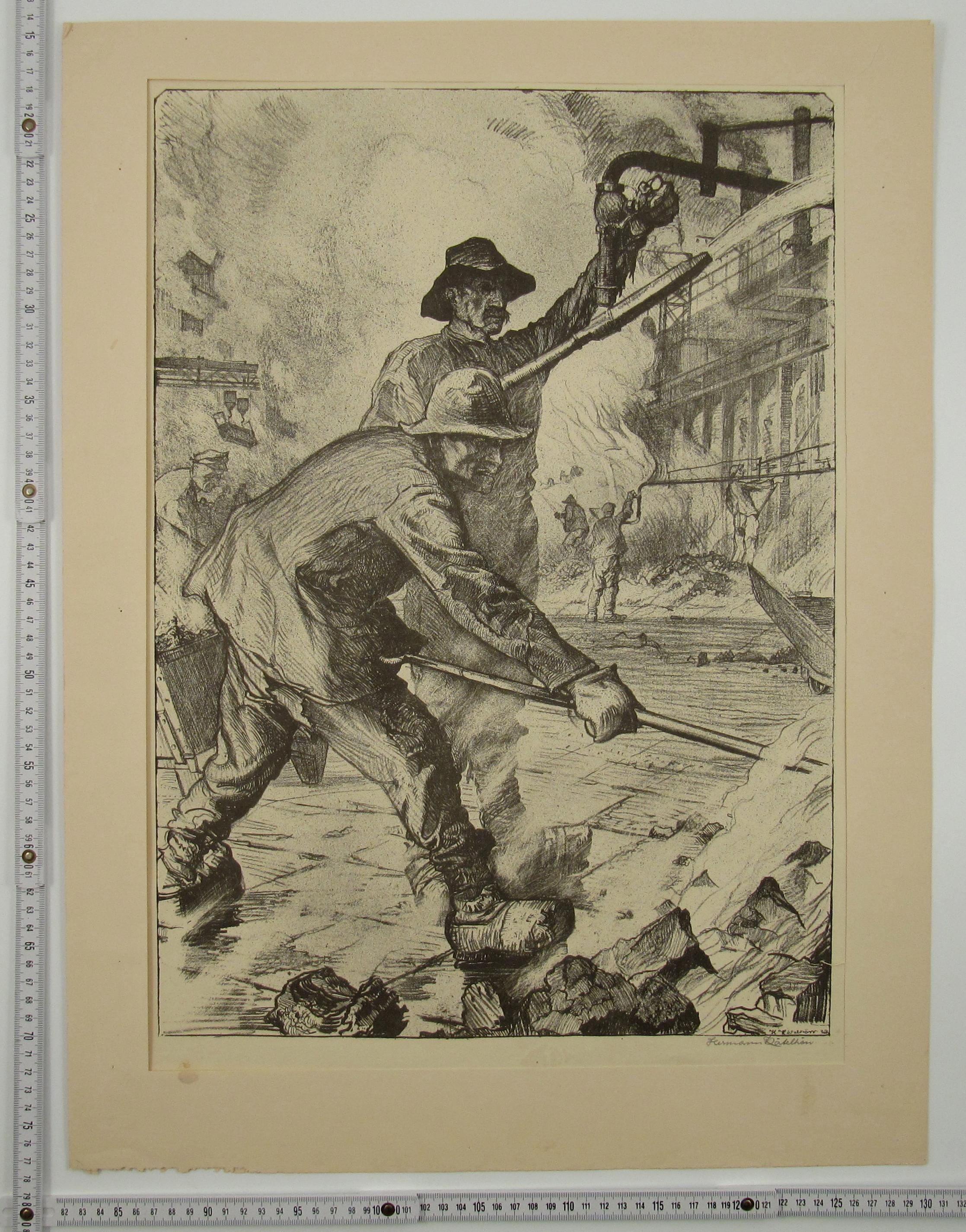Workers - INDUSTRIAL ART - Pre War German School - Signed Lithograph - Naturalistic Print by Hermann Katelhön