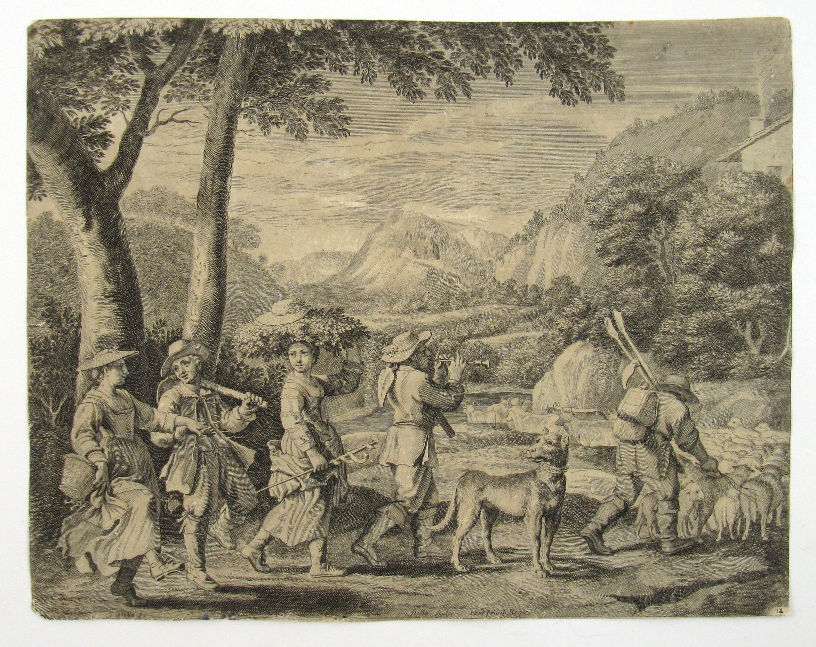 Music making Peasants returning Home - 17thC Etching from Les Pastorales - Print by Claudine Bouzonnet-Stella