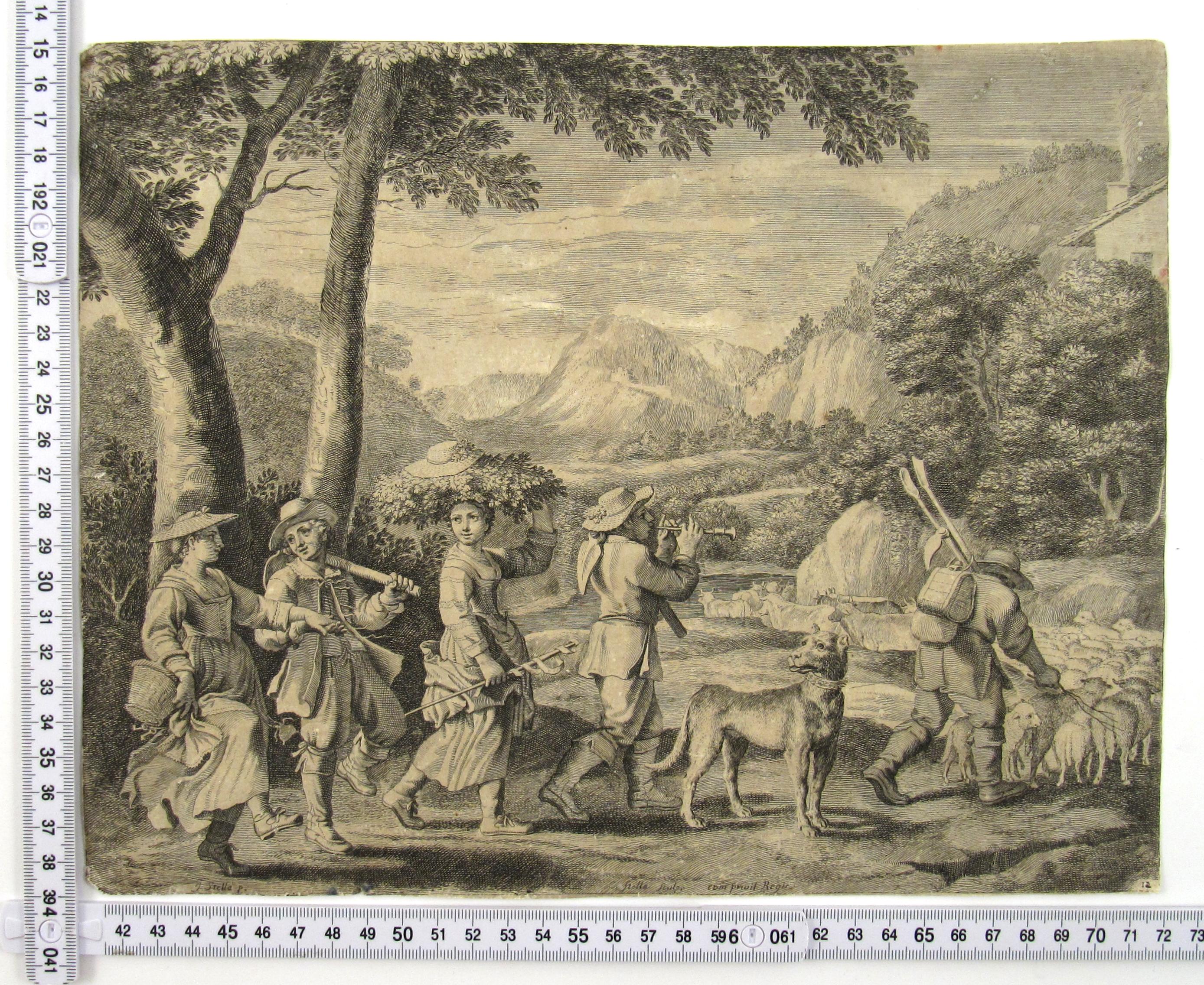 Music making Peasants returning Home - 17thC Etching from Les Pastorales - Brown Figurative Print by Claudine Bouzonnet-Stella