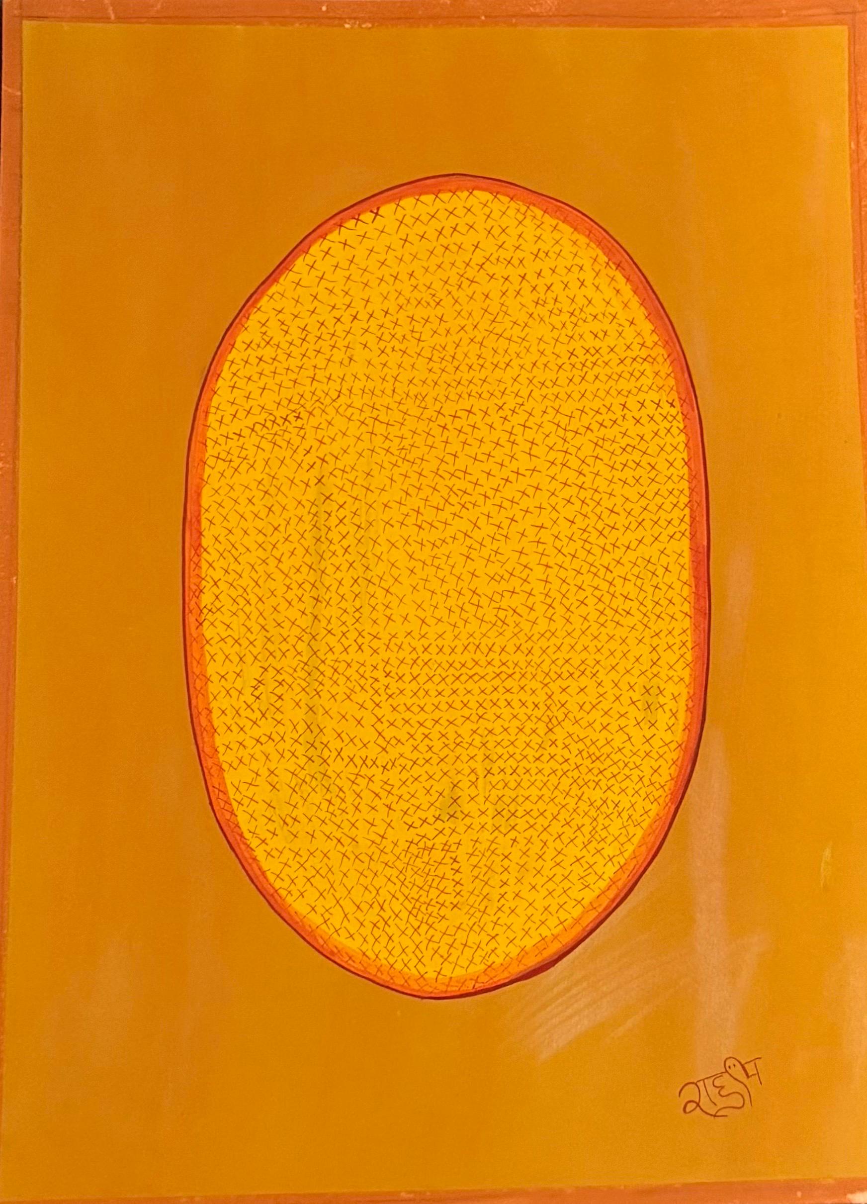 Zeitgenössische Miniatur Natürliches Pigment Tantric Ei Minimalistisch orange gelb blau