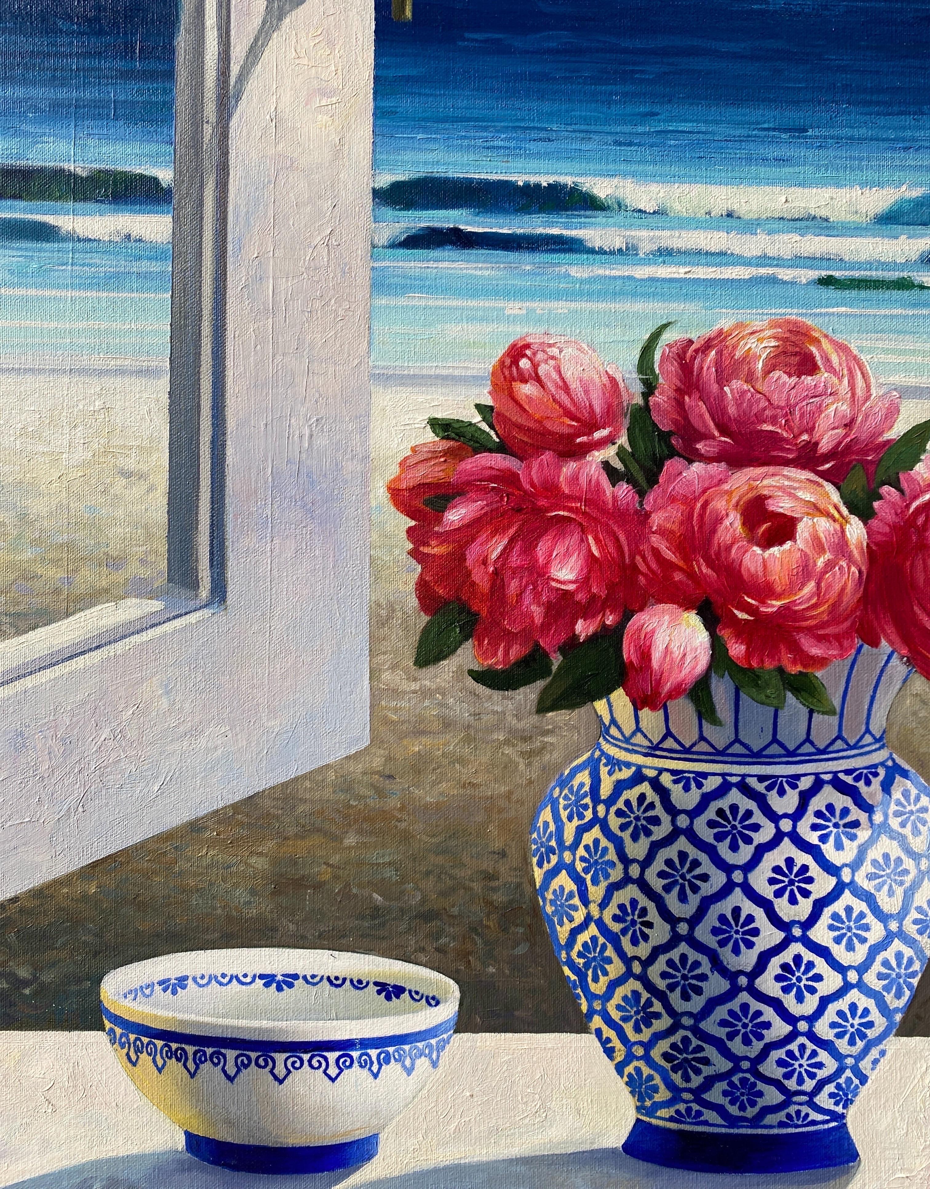 Summer view with peonies - Original oil painting - Contemporary art - Painting by Luis Fuentes