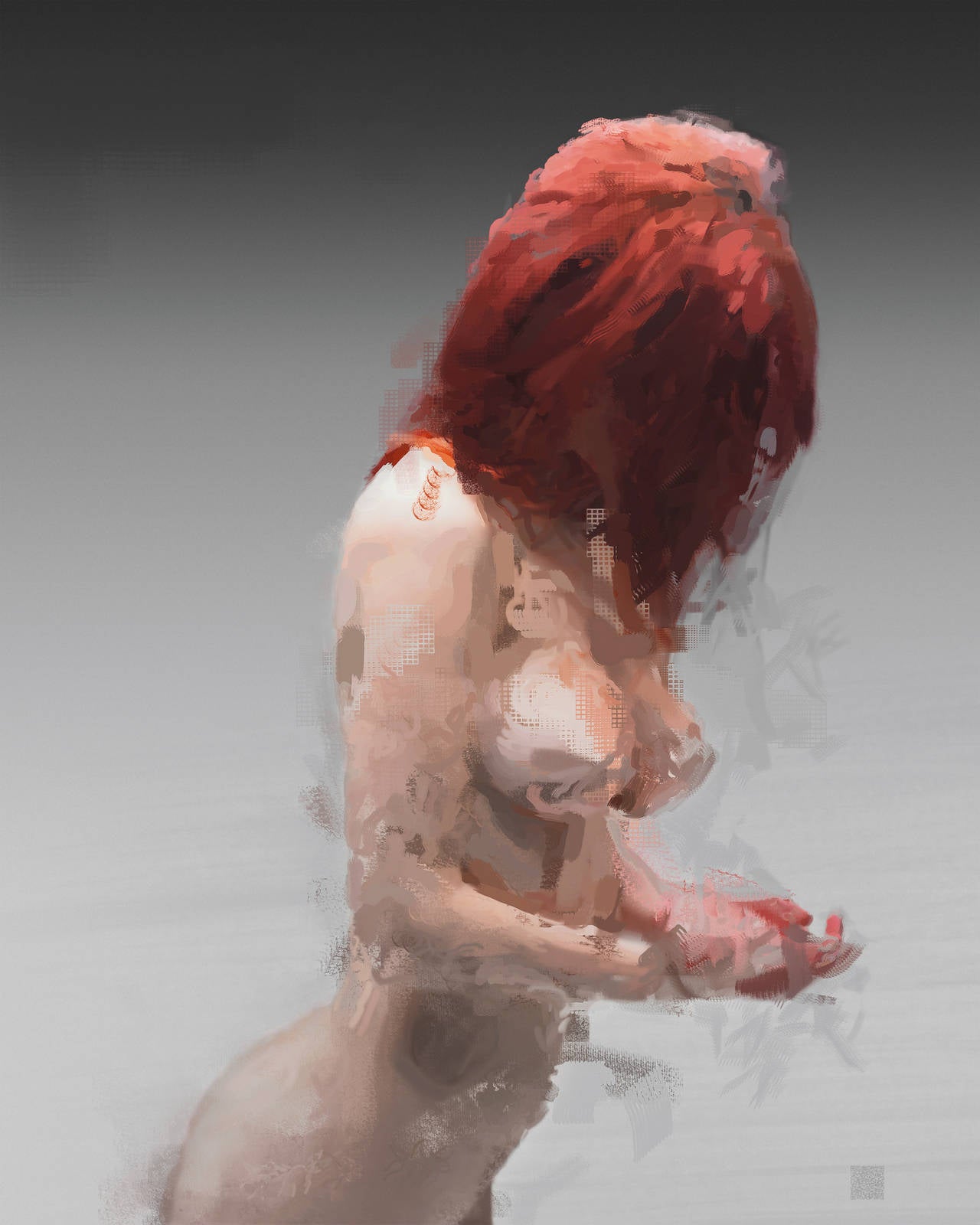Crimson Me,  digital painting of nude female figure, abstracted