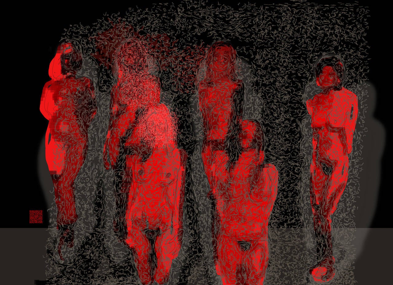 Gary Kaleda Nude Painting - Particle Pageant, digital painting of nude female figures, abstracted black/red