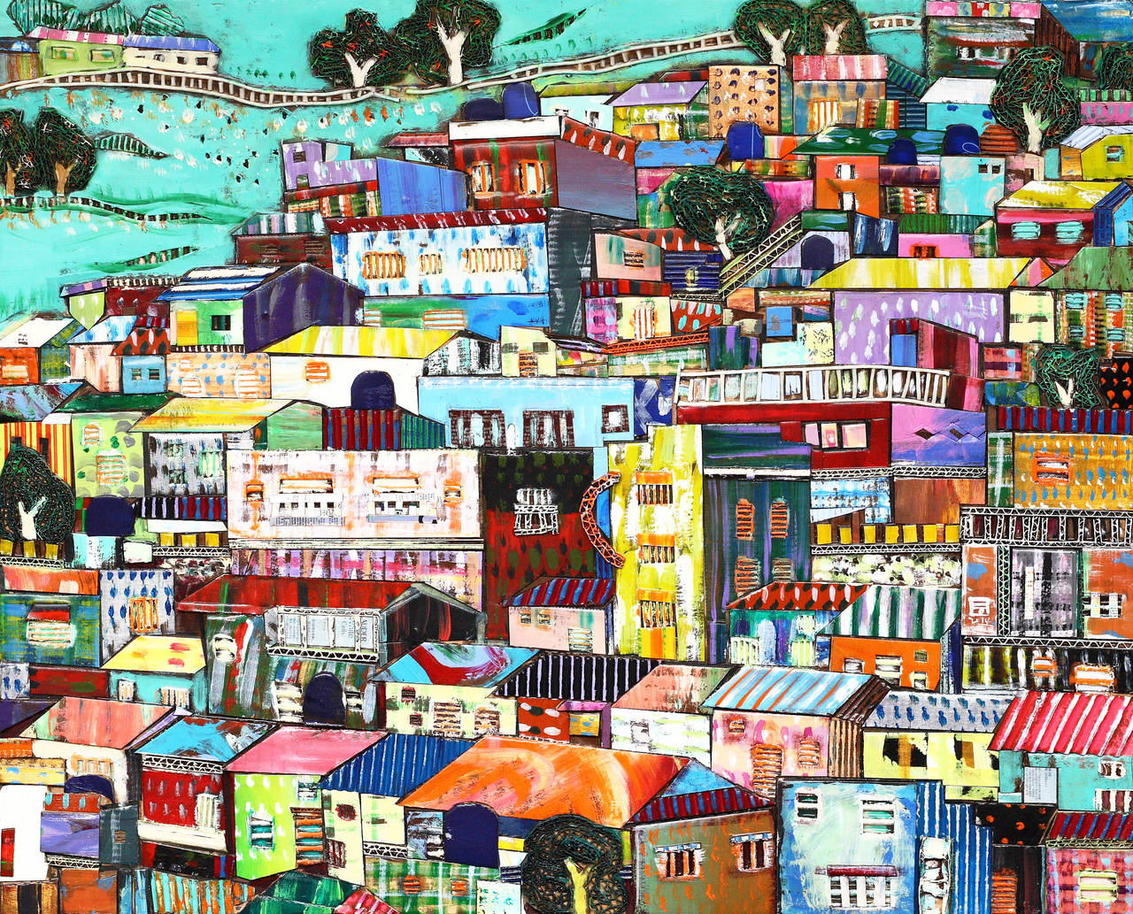 Kyunglim Lee Landscape Painting - Coexistence, town with multicolored apartments and buildings, mixed media