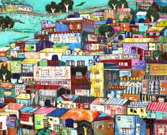 Coexistence, town with multicolored apartments and buildings, mixed media