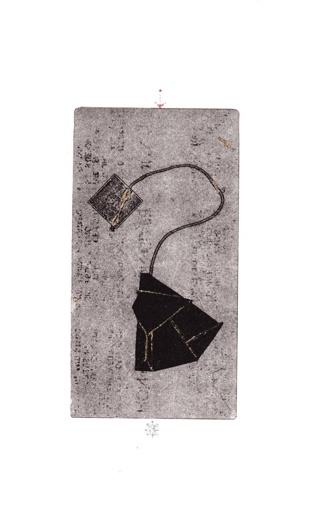 BlackTea, mixed media monotype with gold leaf, black and white print of teabag - Mixed Media Art by Karin Bruckner