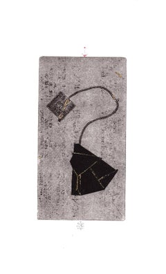 BlackTea, mixed media monotype with gold leaf, black and white print of teabag