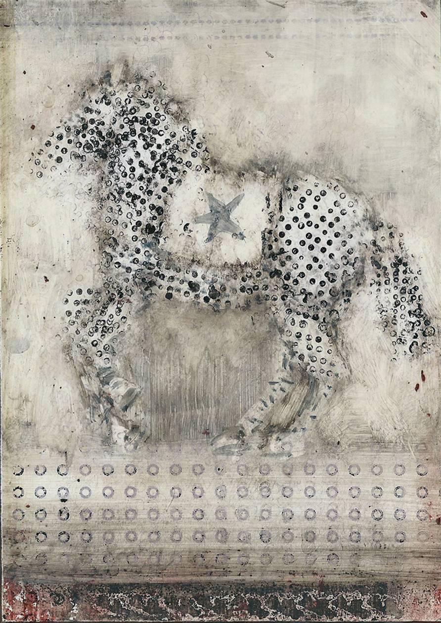 Alicia Rothman Animal Painting - Starhorse 3, abstract oil panting of horse on panel, grey