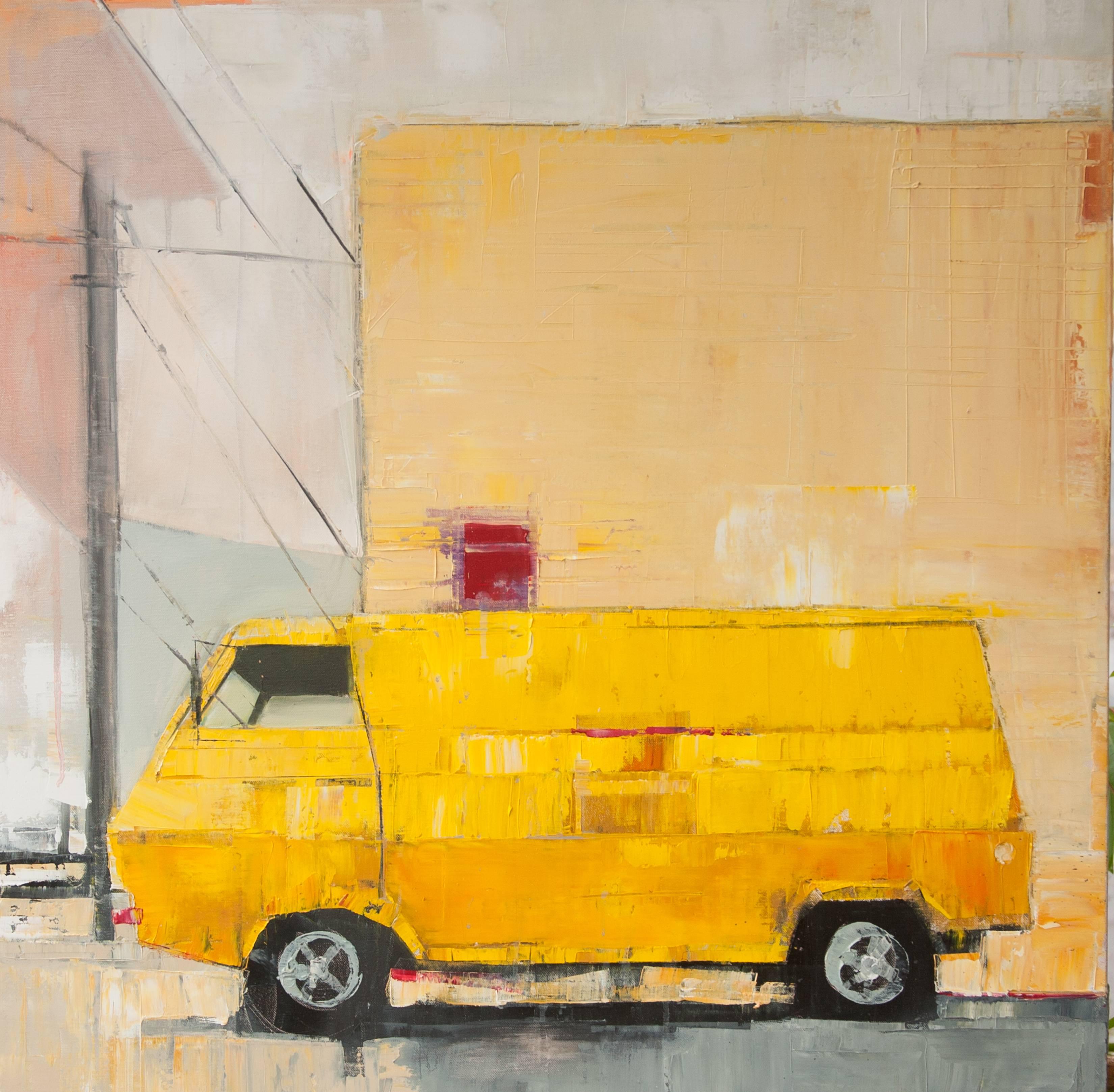 Ruth Shively Landscape Painting - Yellow Van with Yellow Building
