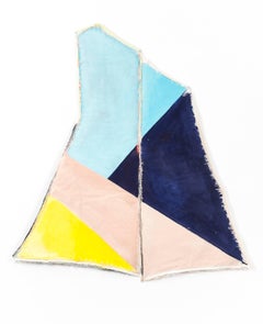 Drifter, leuchtendes blaues und gelbes geometrisches abstraktes Gemälde auf Muslin