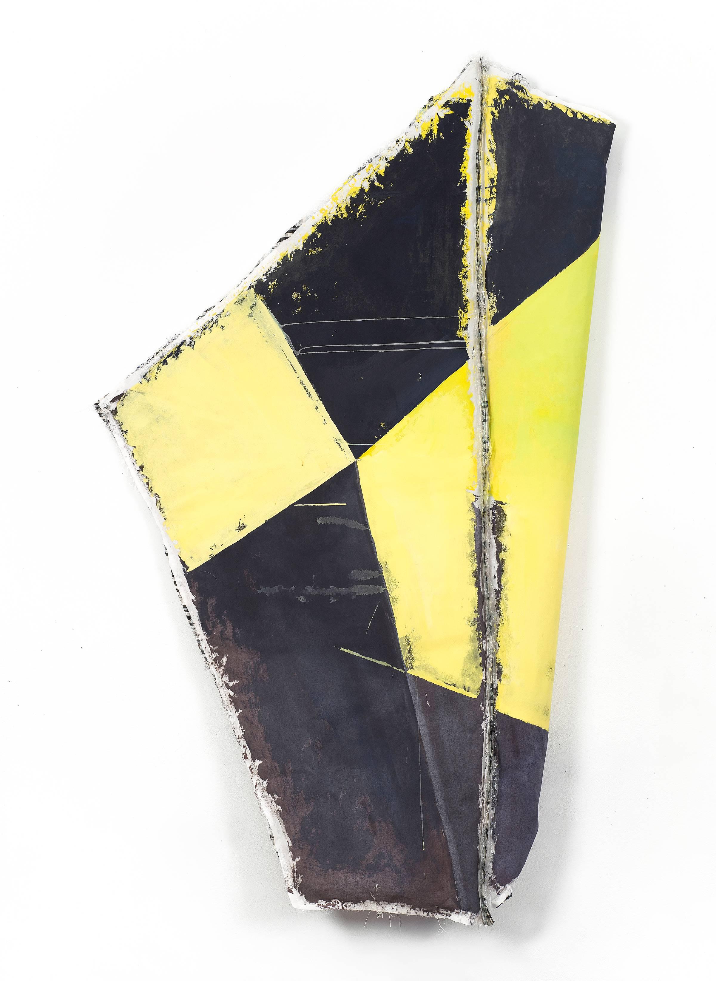 Lizzie Scott Abstract Painting - Drifter, black and yellow geometric abstract painting on muslin