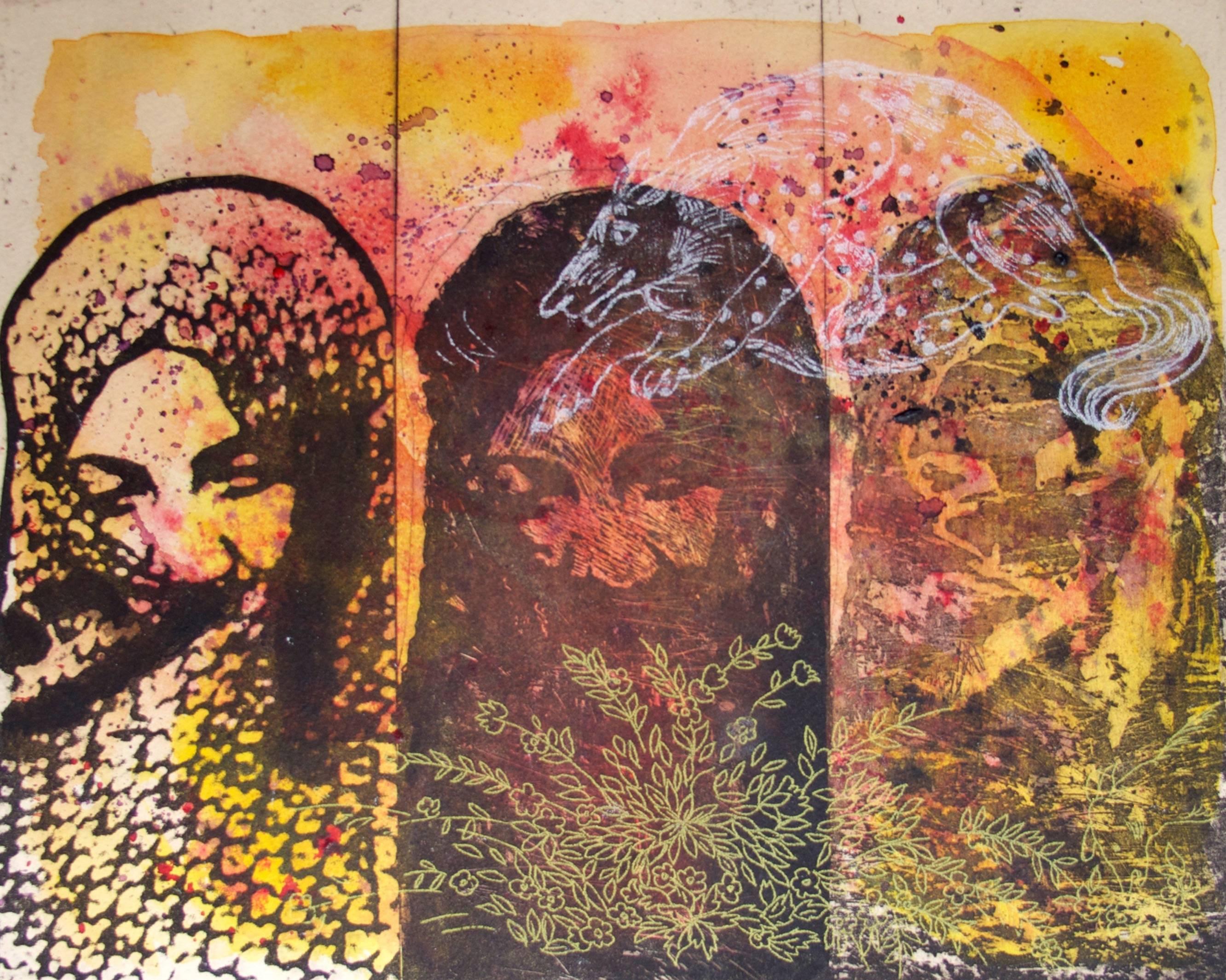 Three Faces with White Animal - Mixed Media Art by Nahid Hagigat
