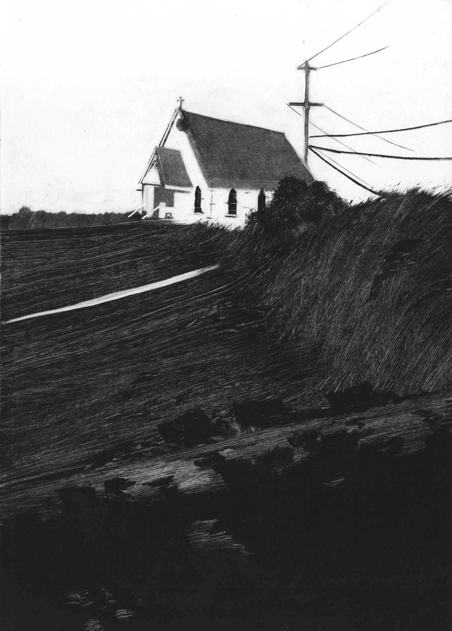 Rachel Burgess Landscape Print - St. Hillary's, black and white monotype on paper, house