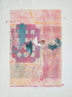 PieceofCake, pink and white mixed media monotype on paper, framed