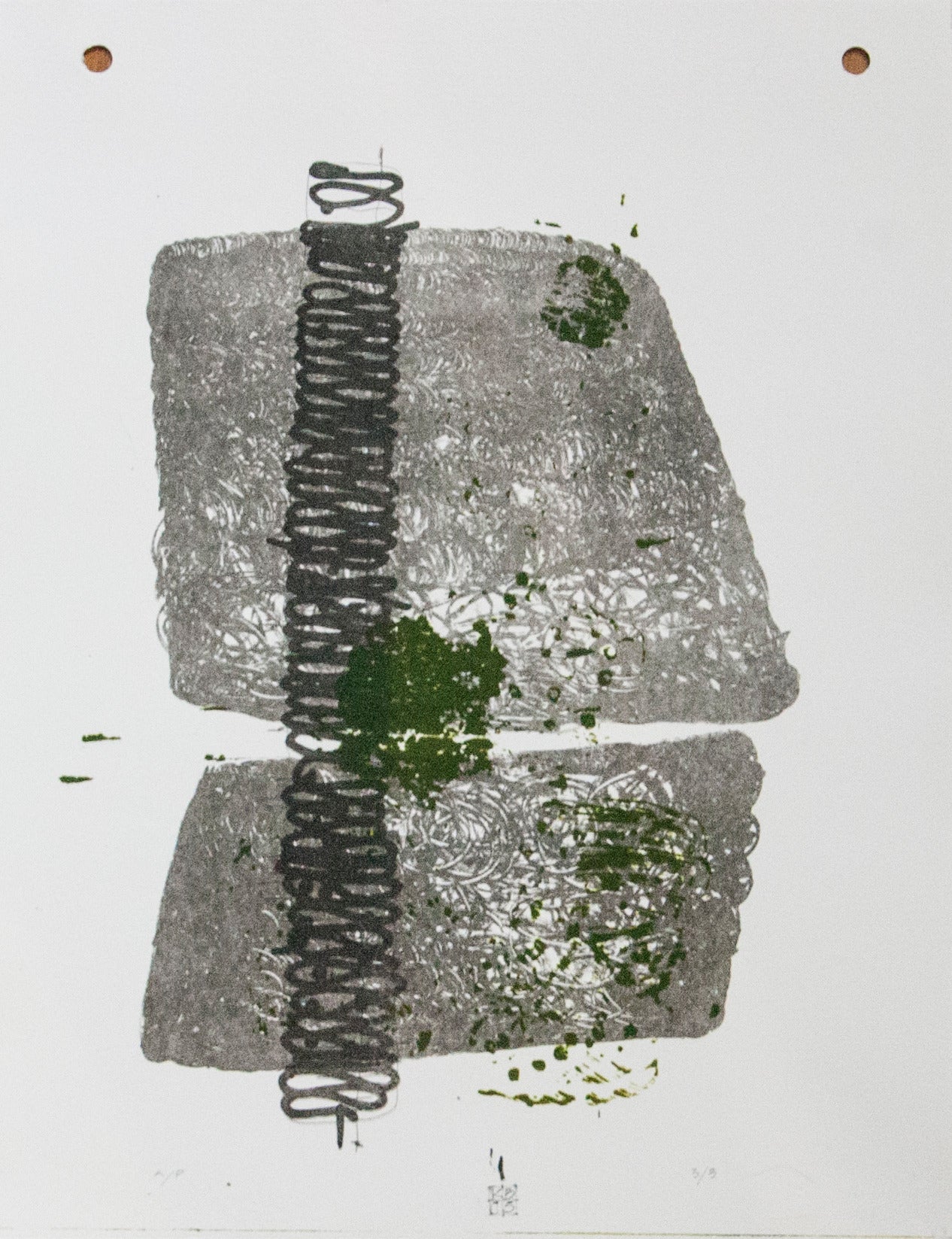 Karin Bruckner Abstract Print - Stonescript3, mixed media monoprint on paper, neutral greys and green