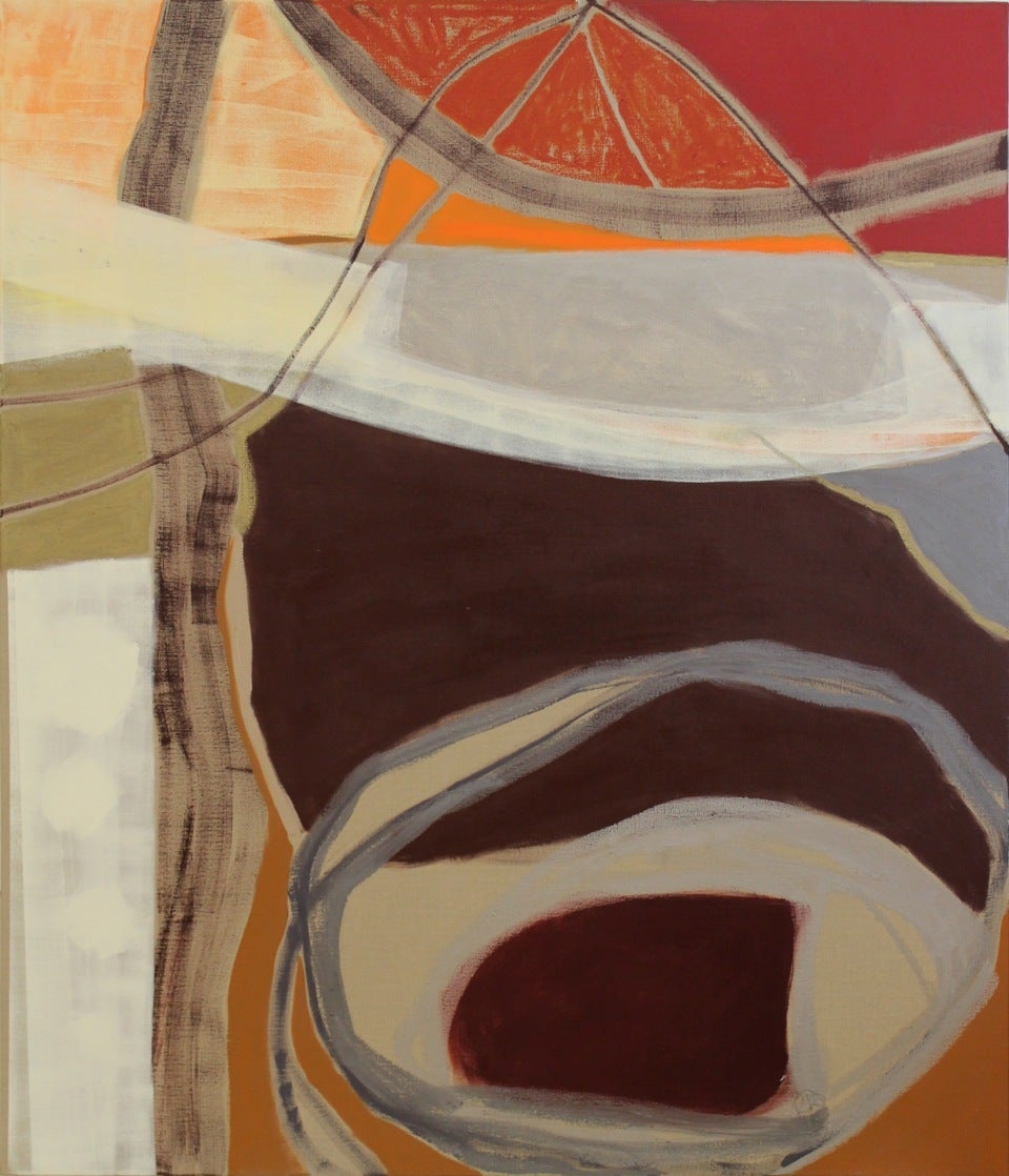 Rachelle Krieger Abstract Painting - Rocks and Rays 1 (abstract, landscape, red, neutral, tree, texture, stripes)