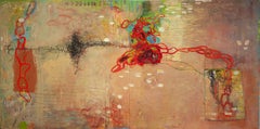 Il Viaggio (astratto, olio su tavola, rosso, verde, neutro, lirico, texture)