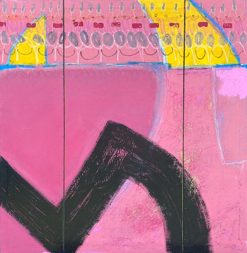 Ted Dixon Abstract Painting - Raise The Bar #2, pink, black, blue, yellow, patterns, script, graphic, abstract