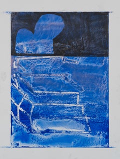 Osario (acrílico y grafito sobre papel Yupo, abstracto, estructura, escaleras, azul)
