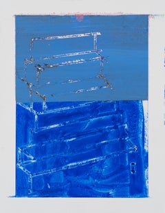 «Thinning» (acrílico y grafito sobre papel Yupo, abstracto, estructura, escaleras, azul)