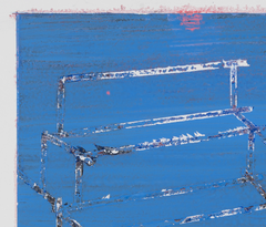 «Thinning» (acrílico y grafito sobre papel Yupo, abstracto, estructura, escaleras, azul)