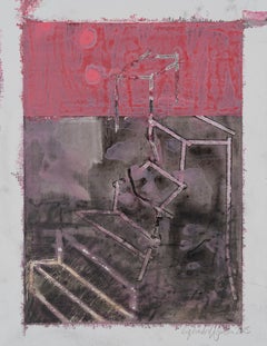 Descomposición (acrílico y grafito sobre Yupo, abstracto, arquitectura, escaleras, rojo, negro)