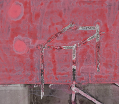 Descomposición (acrílico y grafito sobre Yupo, abstracto, arquitectura, escaleras, rojo, negro)