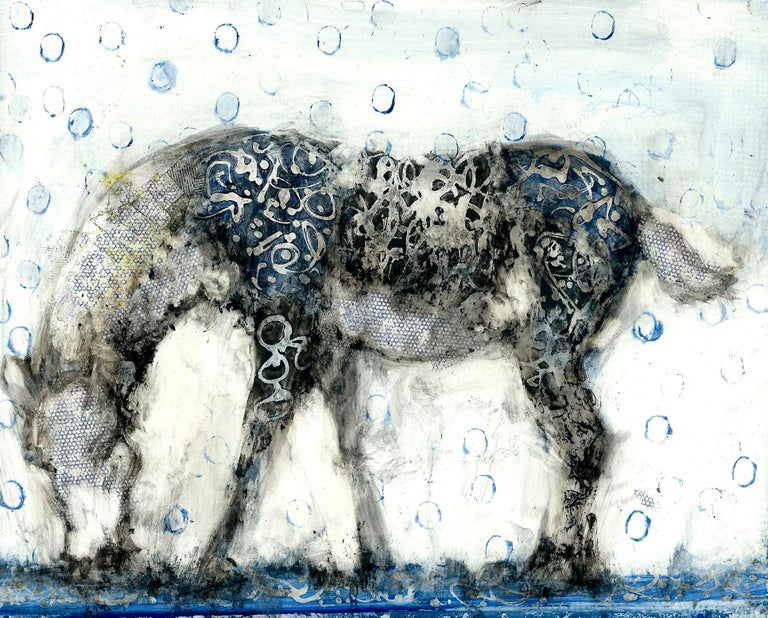 Alicia Rothman Animal Painting - Blue Balloon Horse, 2018, oil on panel, 8 x 10 inches. Dreamy rain composition