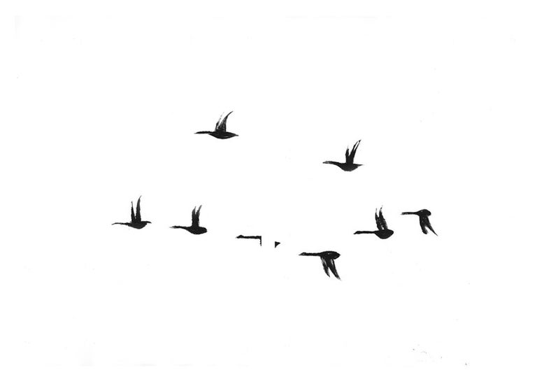Rachel Burgess Landscape Print - Geese, monoprint, 37 x 52 inches. Black and white geese