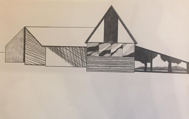James Isherwood Landscape Art - Refiner, graphite on paper, 5.25 x 8.125 inches. Abstract barn