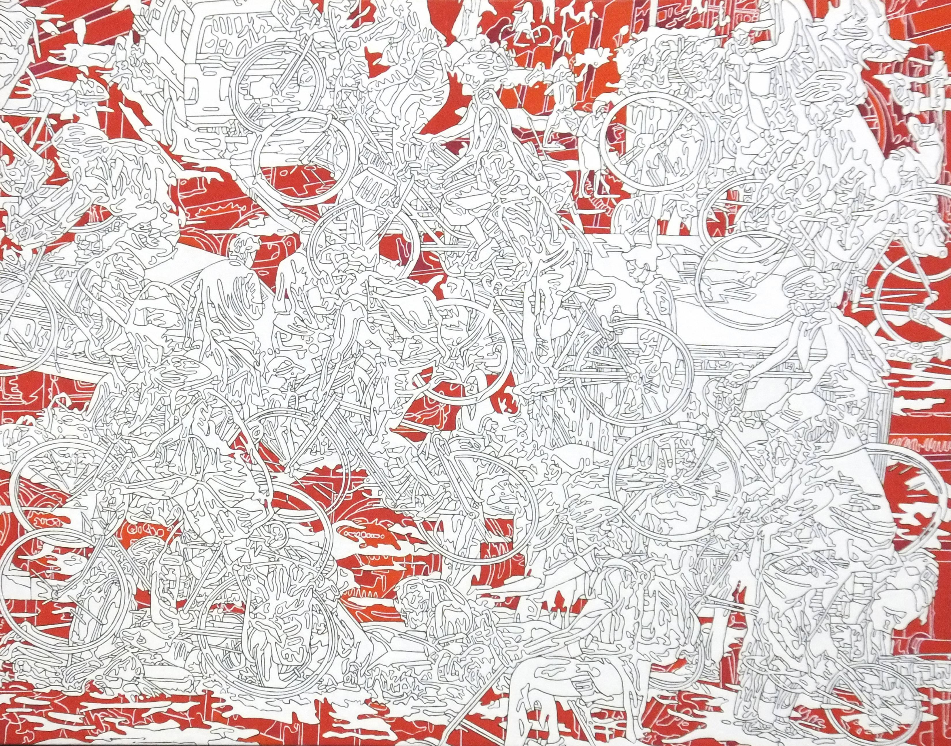Park-r-1, red and white line drawing, busy city scene, abstracted people