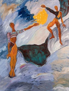 Hábitat, dos figuras, pintura figurativa abstracta sobre lino