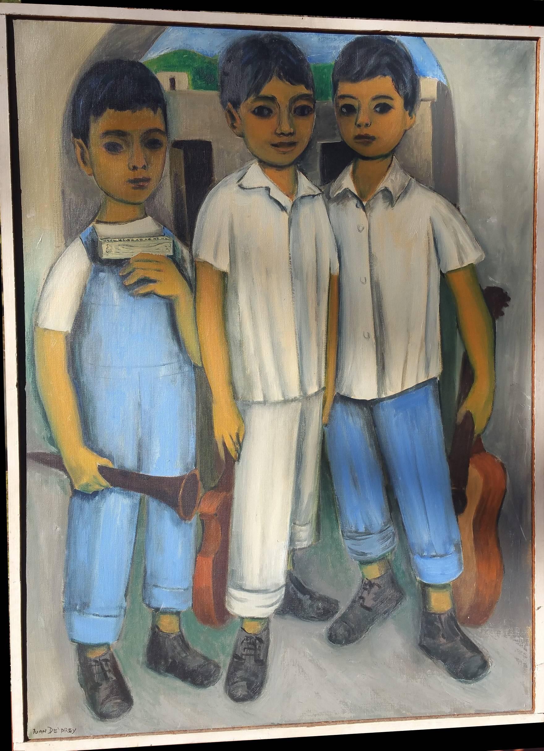 Juan De’Prey Figurative Painting - Three Young Street Musicians