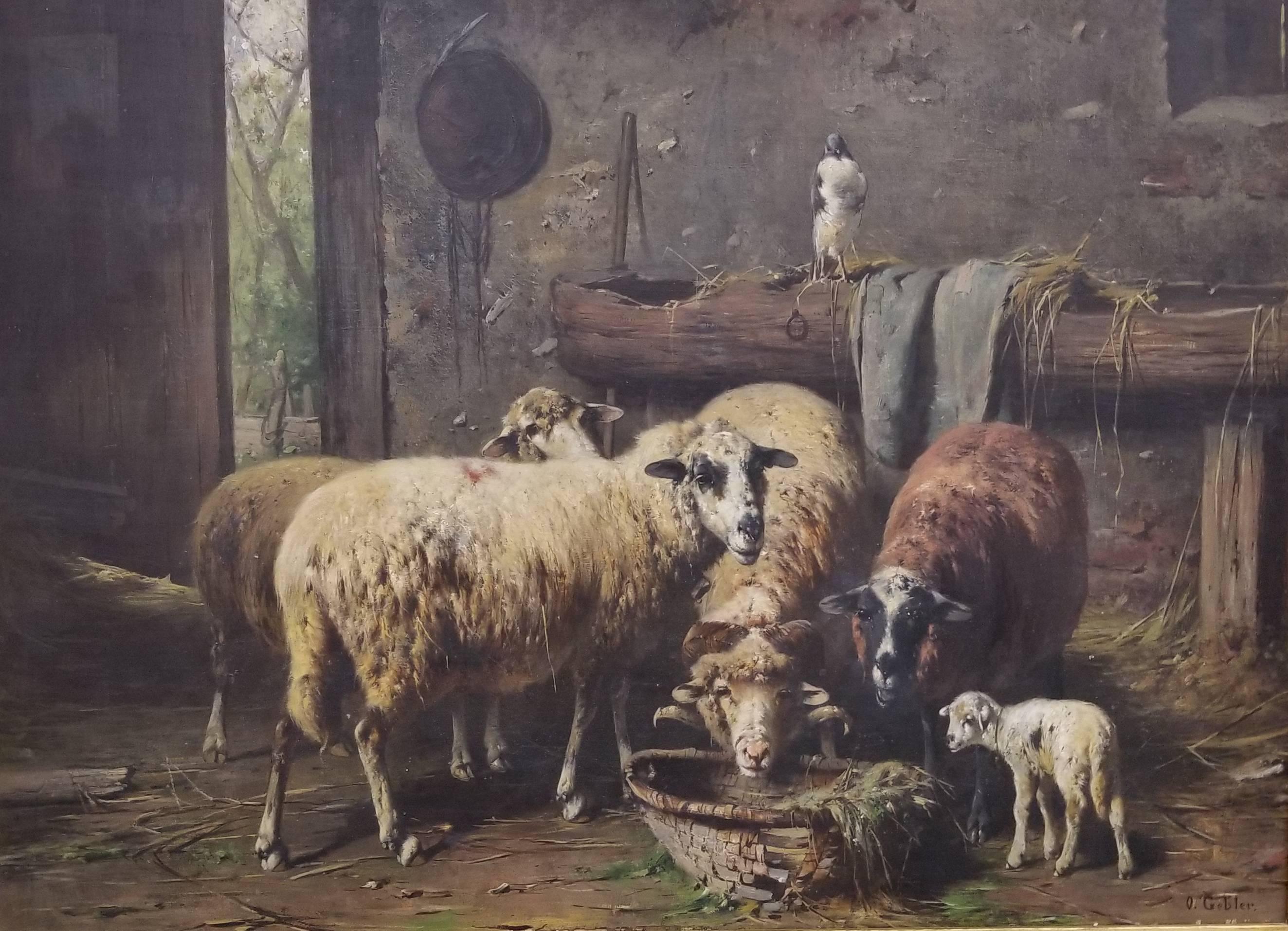 Otto Gebler Animal Painting - Sheep in a Stable