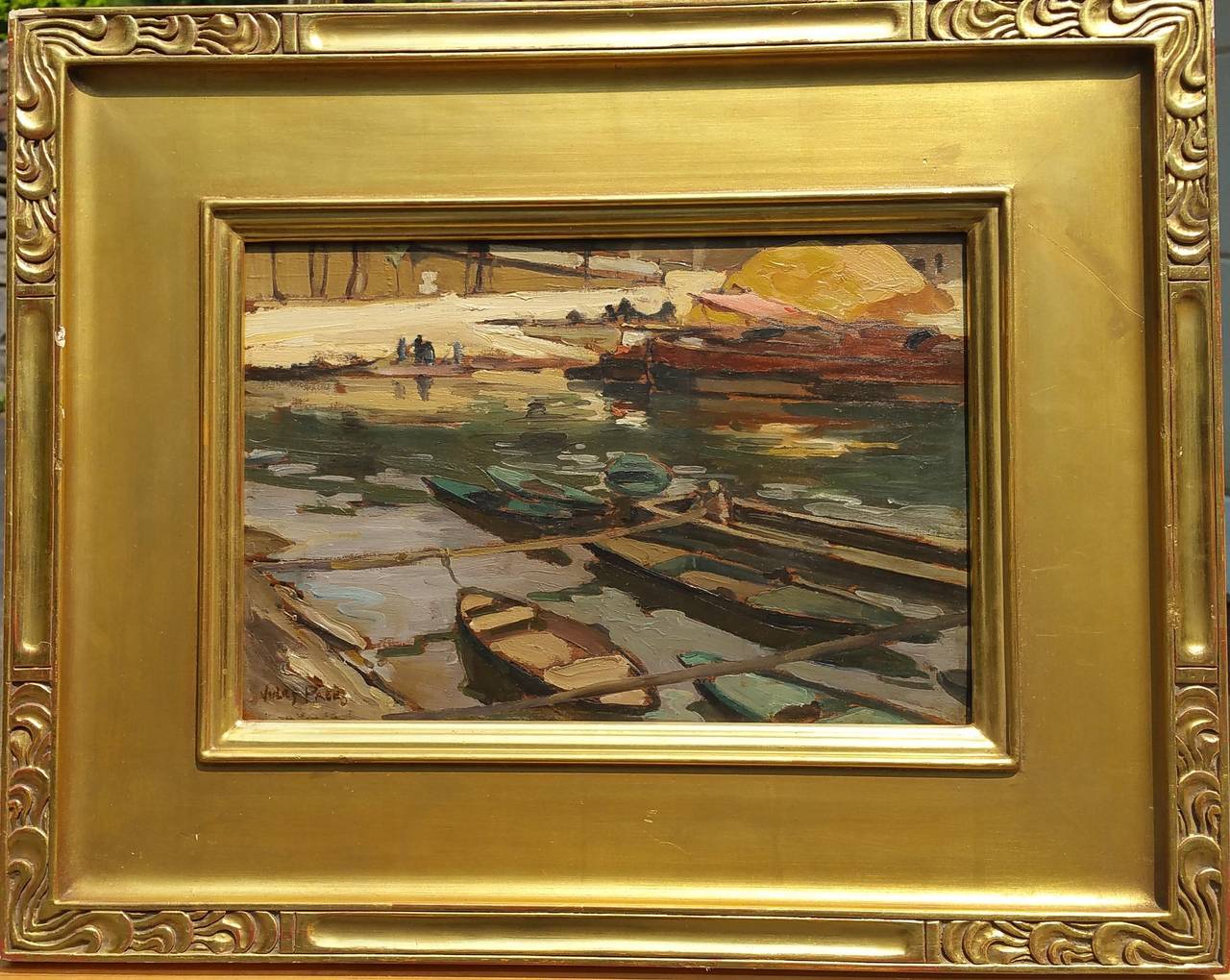 Sampans on the Seine River, Paris - Painting by Jules Pages