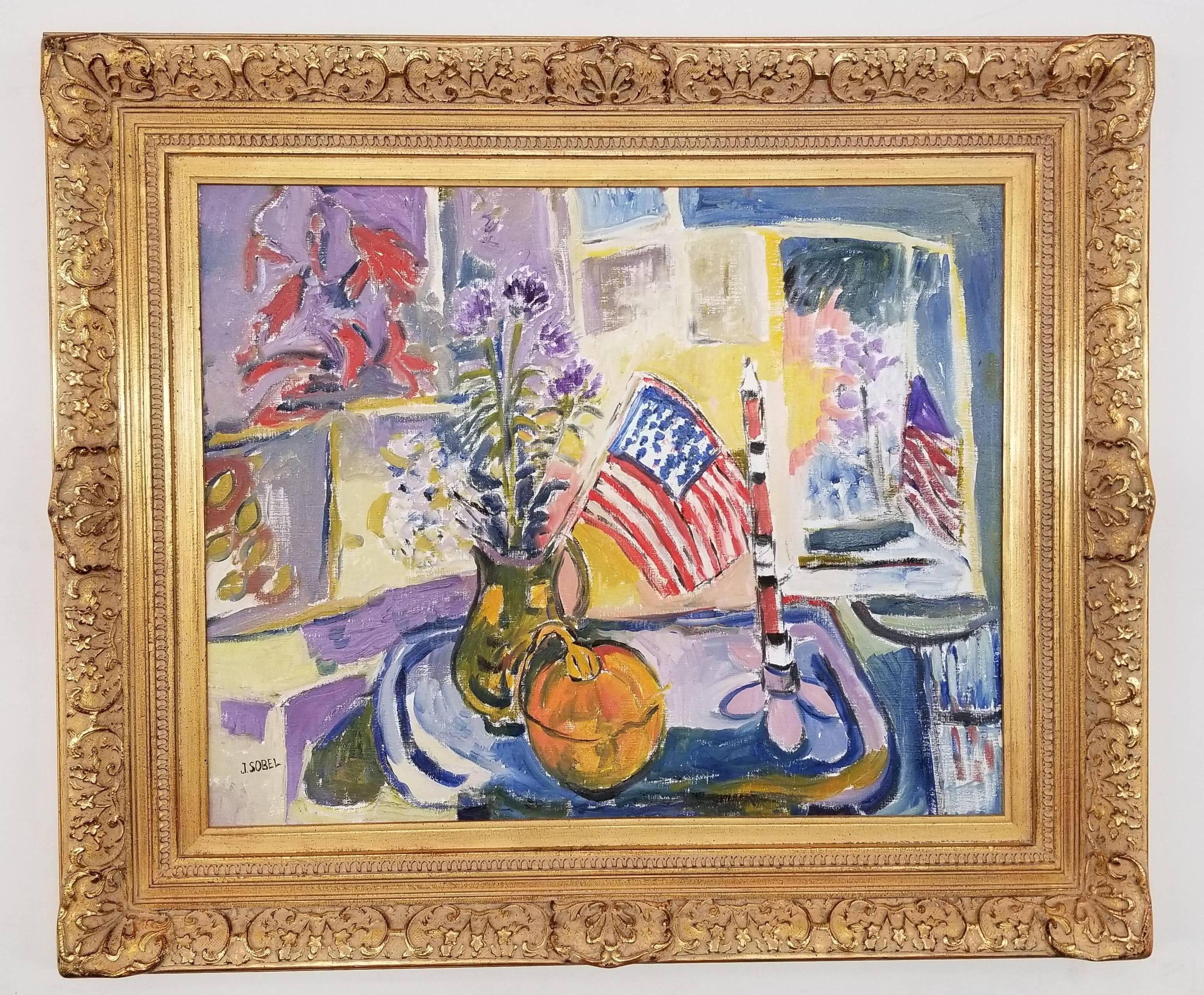 Interior with American Flag - Painting by Jehudith Sobel