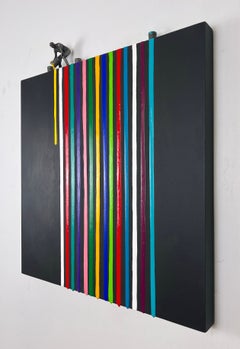 Pintura original «Black Drip», contemporánea, abstracta, de colores vivos, técnica mixta sobre madera