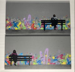Amore su una panchina del parco "Dammi solo dei momenti, amore, pop art, graffiti su tela"