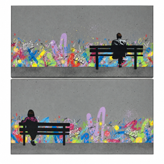 Amore su una panchina del parco "Dammi solo dei momenti, amore, pop art, graffiti su tela"