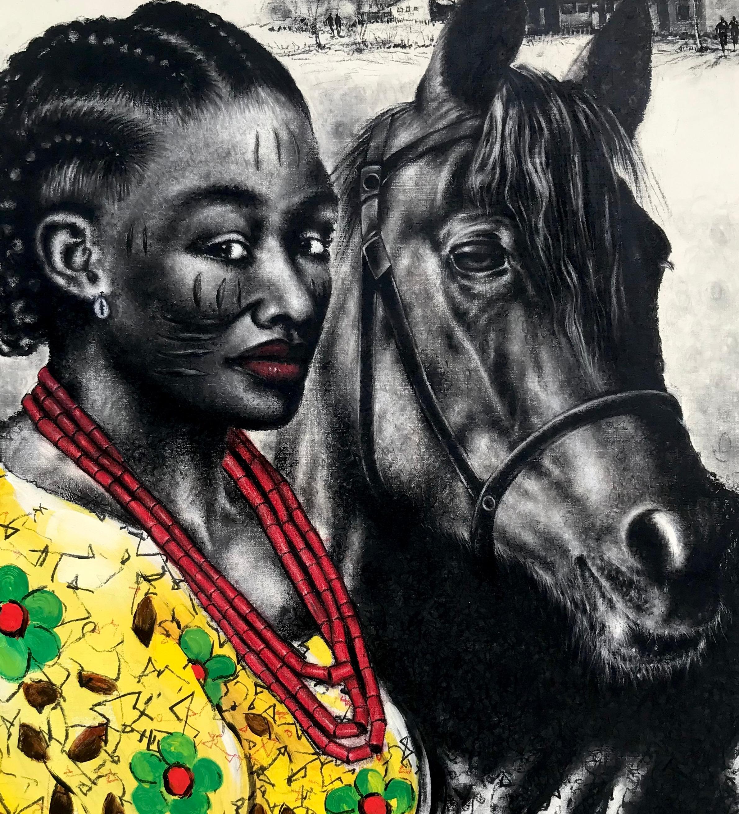 The drawings showcase the beauty of the black women on one hand and also reflect the intimacy animals possess with females, especially horses, and princesses in royalty. They are much more comfortable, endure hardships, and well behaved with women