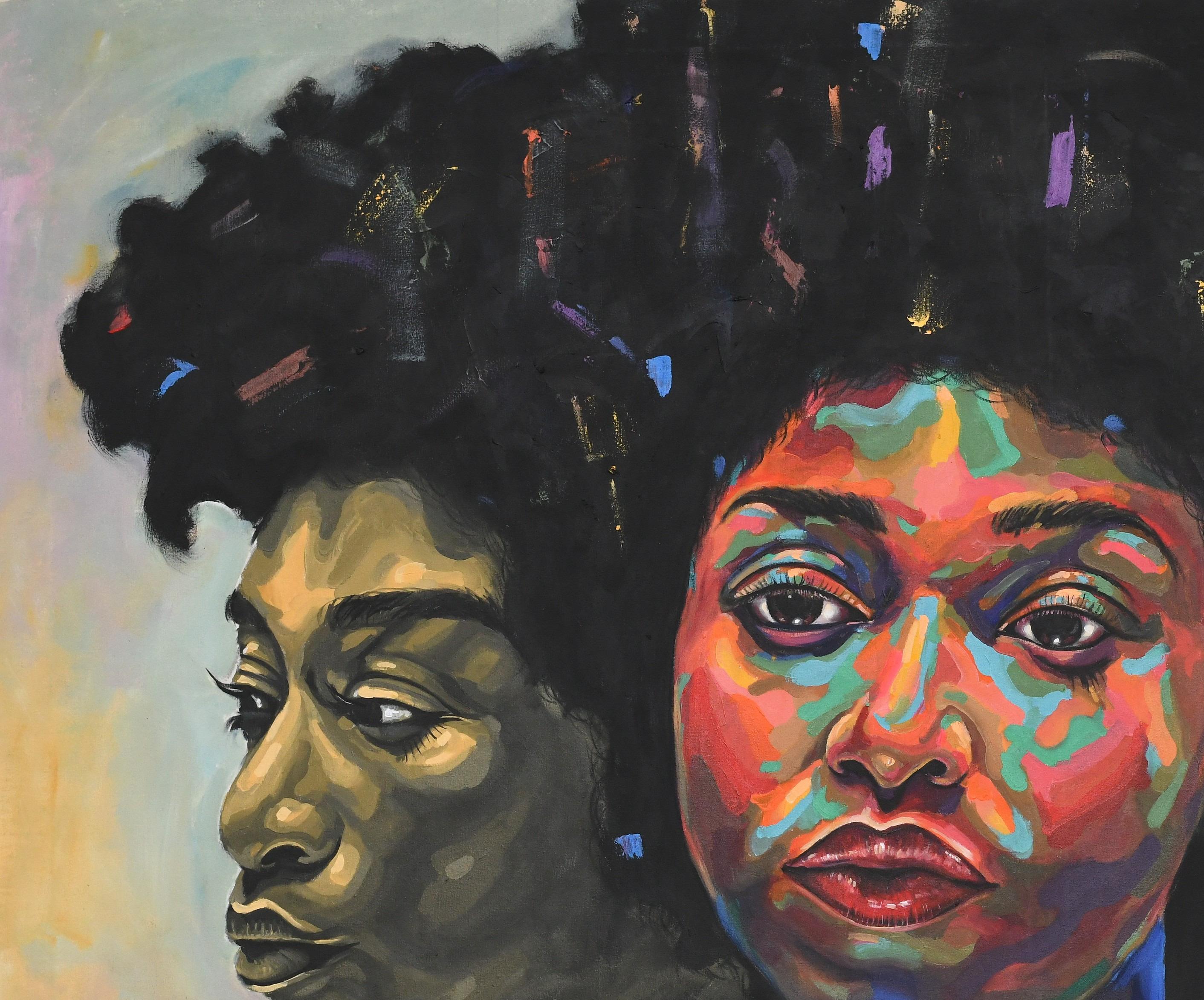 Sisterhood 3 -21ème siècle, Contemporary, Figurative Portrait, Women Africa Love - Painting de Damola Ayegbayo 
