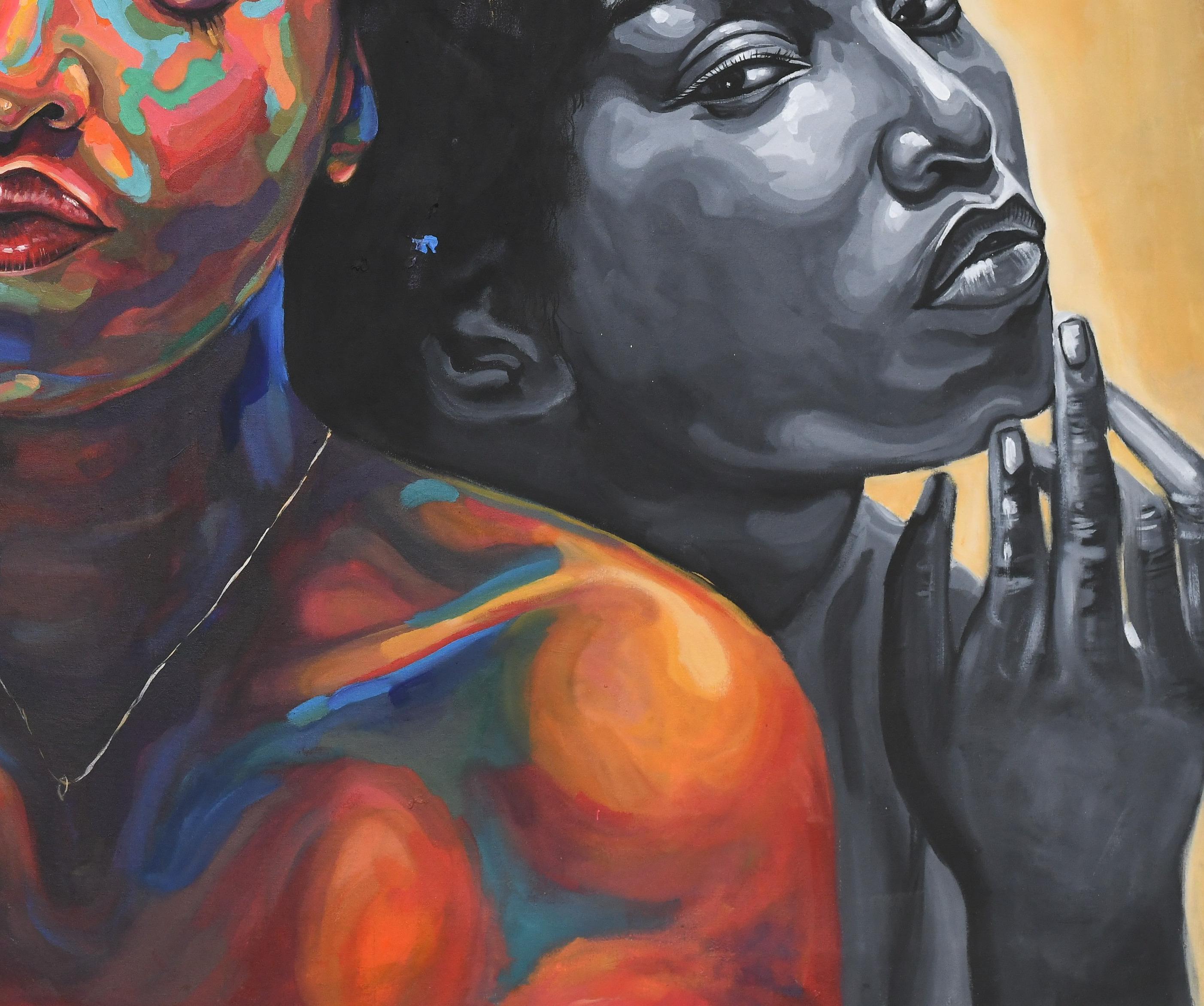 Sisterhood 3 -21ème siècle, Contemporary, Figurative Portrait, Women Africa Love - Noir Figurative Painting par Damola Ayegbayo 