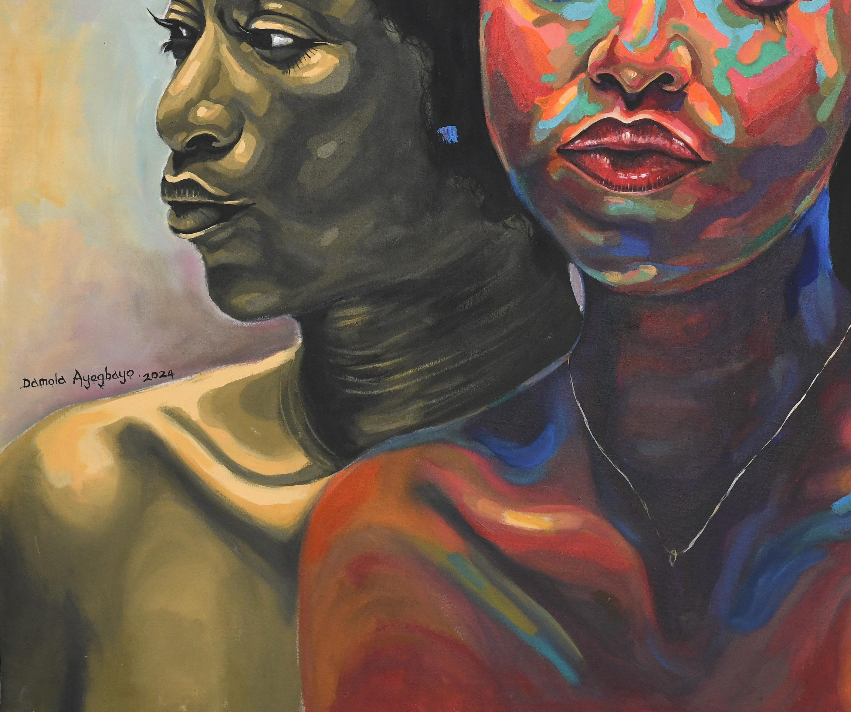 Sisterhood 3 -21ème siècle, Contemporary, Figurative Portrait, Women Africa Love - Contemporain Painting par Damola Ayegbayo 