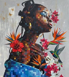 Cultivated - 21st Century, Contemporary Figurative Pixel, African Woman, Floral