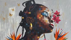 Cultivated - 21st Century, Contemporary Figurative Pixel, African Woman, Floral