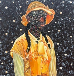 Femme au chapeau jaune - XXIe siècle, art contemporain, portrait figuratif, Art déco