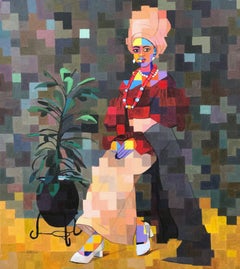 Majestätische Frau – 21. Jahrhundert, zeitgenössisch, figuratives Porträt, Pixel, Art déco