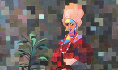 Majestätische Frau – 21. Jahrhundert, zeitgenössisch, figuratives Porträt, Pixel, Art déco