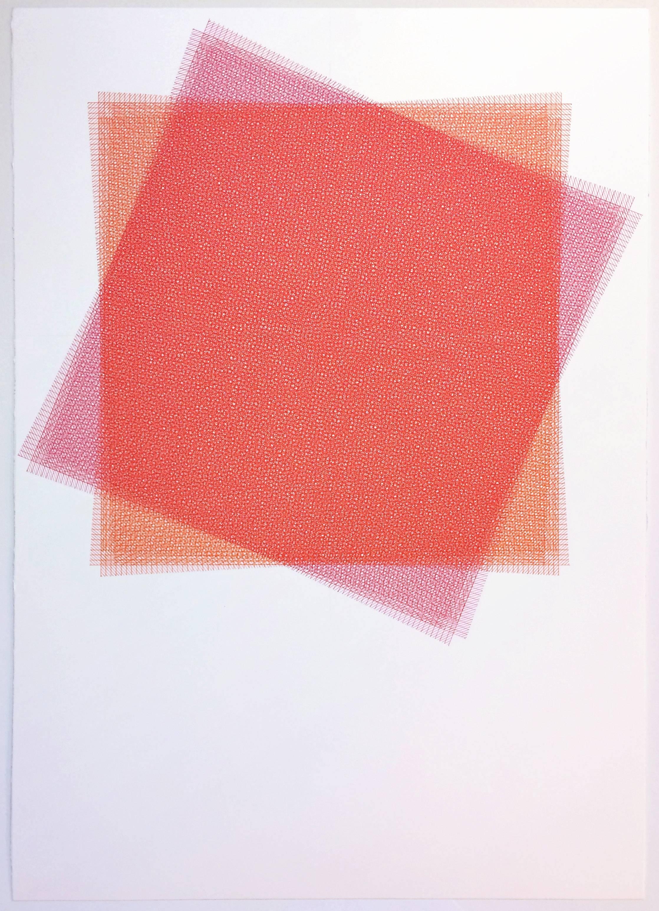 Sara Eichner, 16 couches, carré rouge et rose, 2015, encre, papier chiffon, stylo